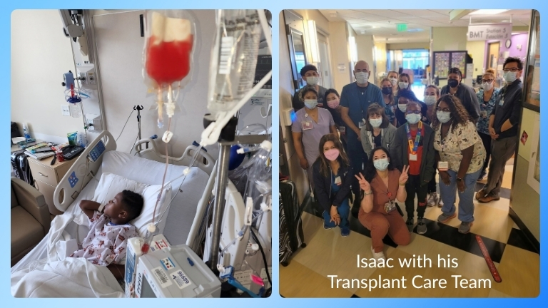 Isaac Hopkins receiving his cord blood stem cell transplant for sickle cell disease, and posing with his transplant care team at the hospital before he went home.