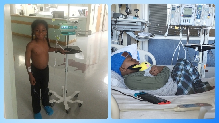 Isaac Hopkins during a hospital stay for a sickle cell pain crisis, before his stem cell transplant.